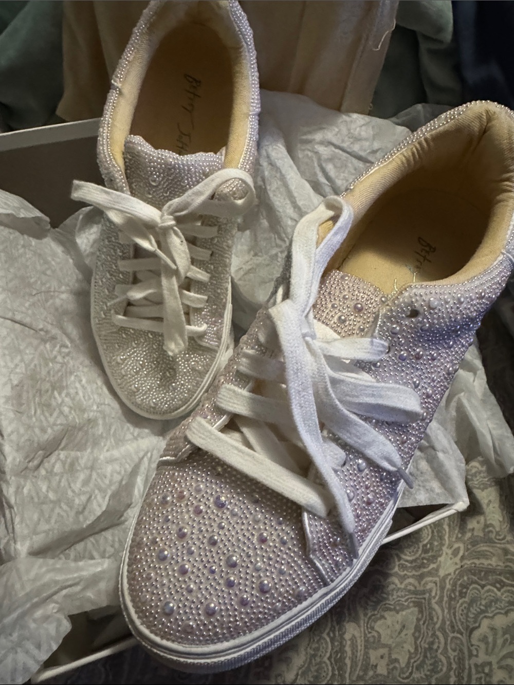 Betsey Johnson Pearl & Crystal Embellished Platform Sneakers - White